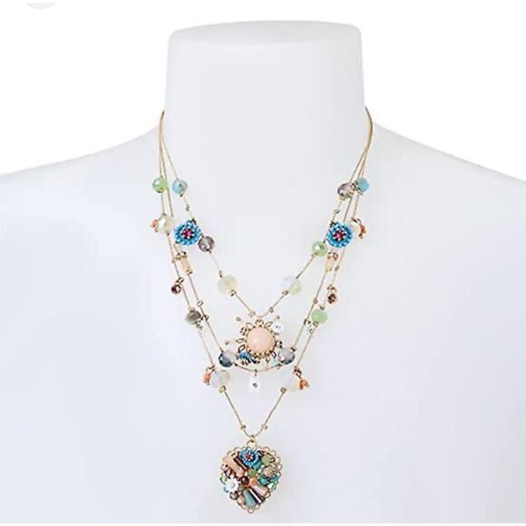 Flower  Heart Illusion Necklace Triple Chain  Boho Cottagecore NWT Retro Beaded - Picture 2 of 13